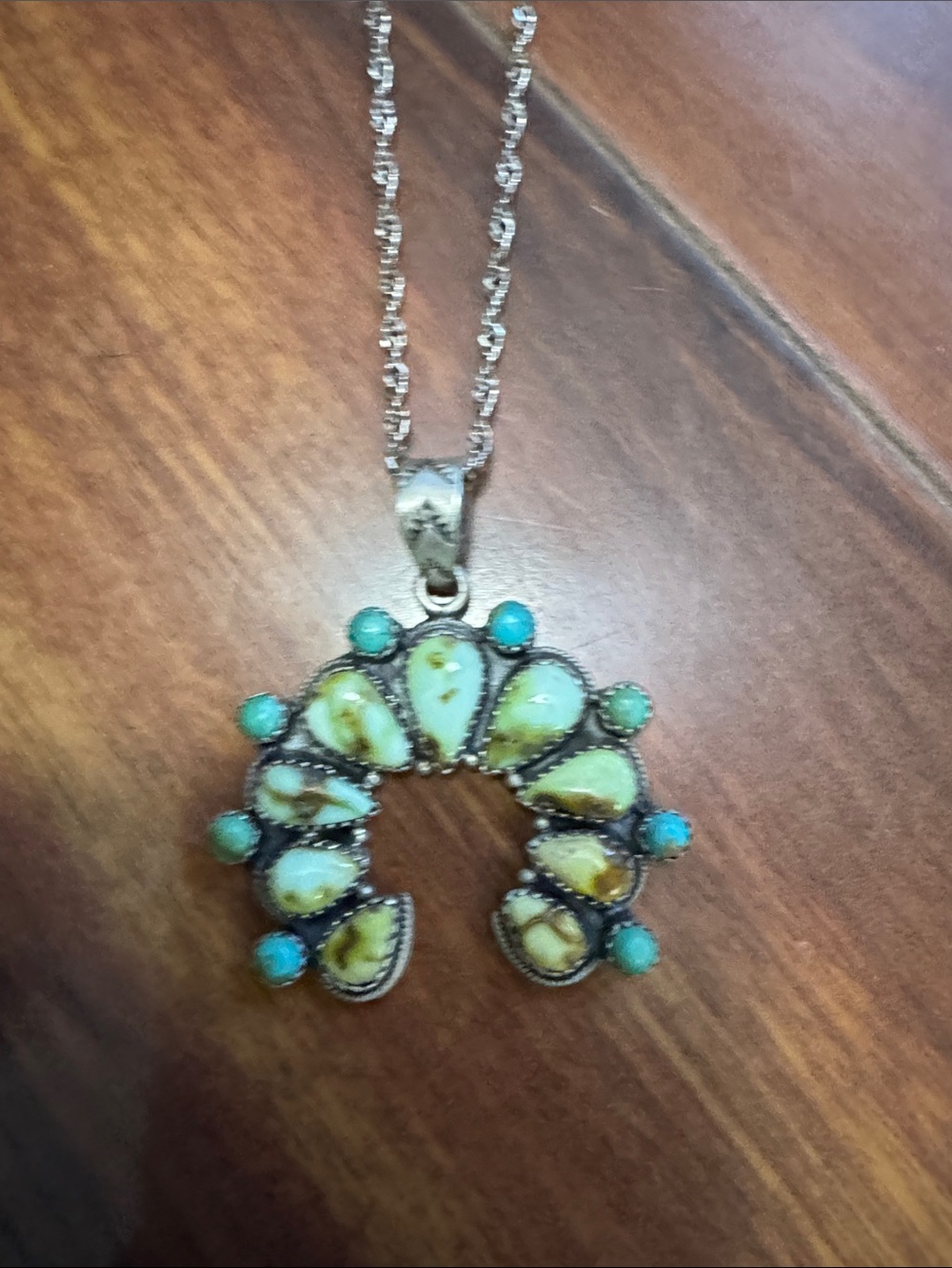 Palomino and Navajo Turquoise and Yellow Stone Crescent Pendant Necklace 925
